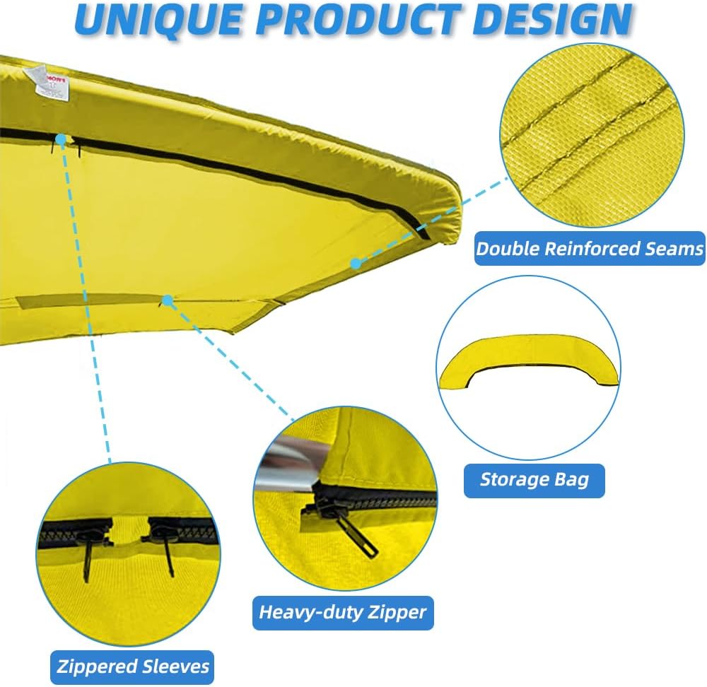 3 Bow Bimini Top Replacement Cover，600D Marine Grade Polyester Waterproof Sun Shade Boat Canopy，Easy Install Zipper Sleeves Boat Awning/Without Frame,Yellow 6'L 73"-78" W