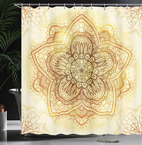 Ambesonne Eastern Shower Curtain, Old Mandala On Grunge Backdrop Traditional Motif, Cloth Fabric Bathroom Decor Set With Hooks, 69" W X 84" L, Dark Orange Pale Yellow #TOP11