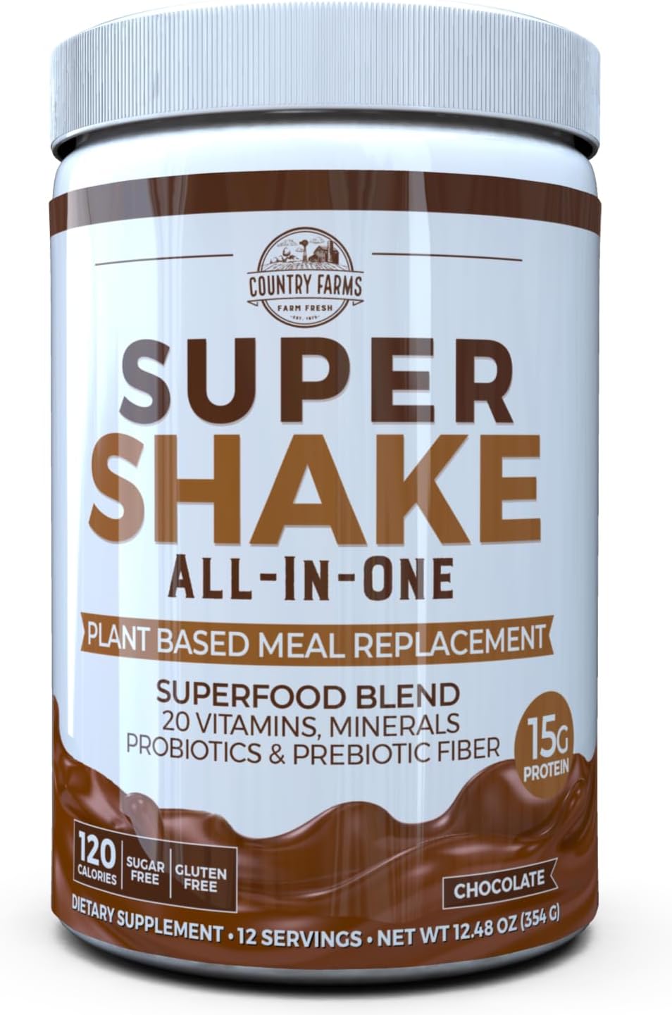 All-in-One Super Shake Meal Replacement 15g Plant Protein Dietary Supplement with Superfoods, Vitamins, Probiotics and Prebiotics, 12 Servings, Chocolate, 12.48 Oz