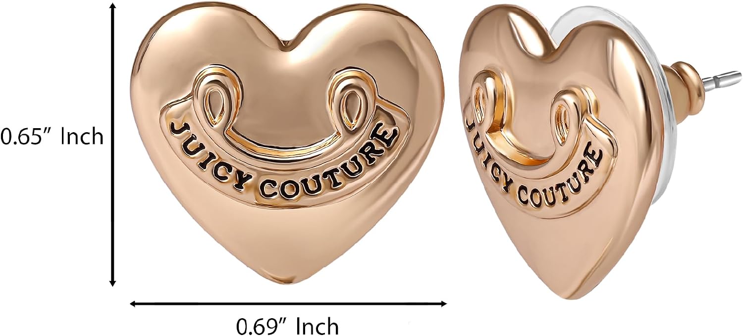 Juicy Couture Logo Heart Stud Earrings for Women with Stone Embellishments, Rhodium or Gold-Tone Mother's Day Earrings