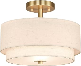 XiNBEi Lighting 32cm Semi Flush Ceiling Light for Bedroom, Brushed Brass | 2-Light Gold Ceiling Light, Dual Drum Linen Shade, E27, Modern Chandelier for Living Room Hallway Foyer Loft Entryway [Energy Class A]