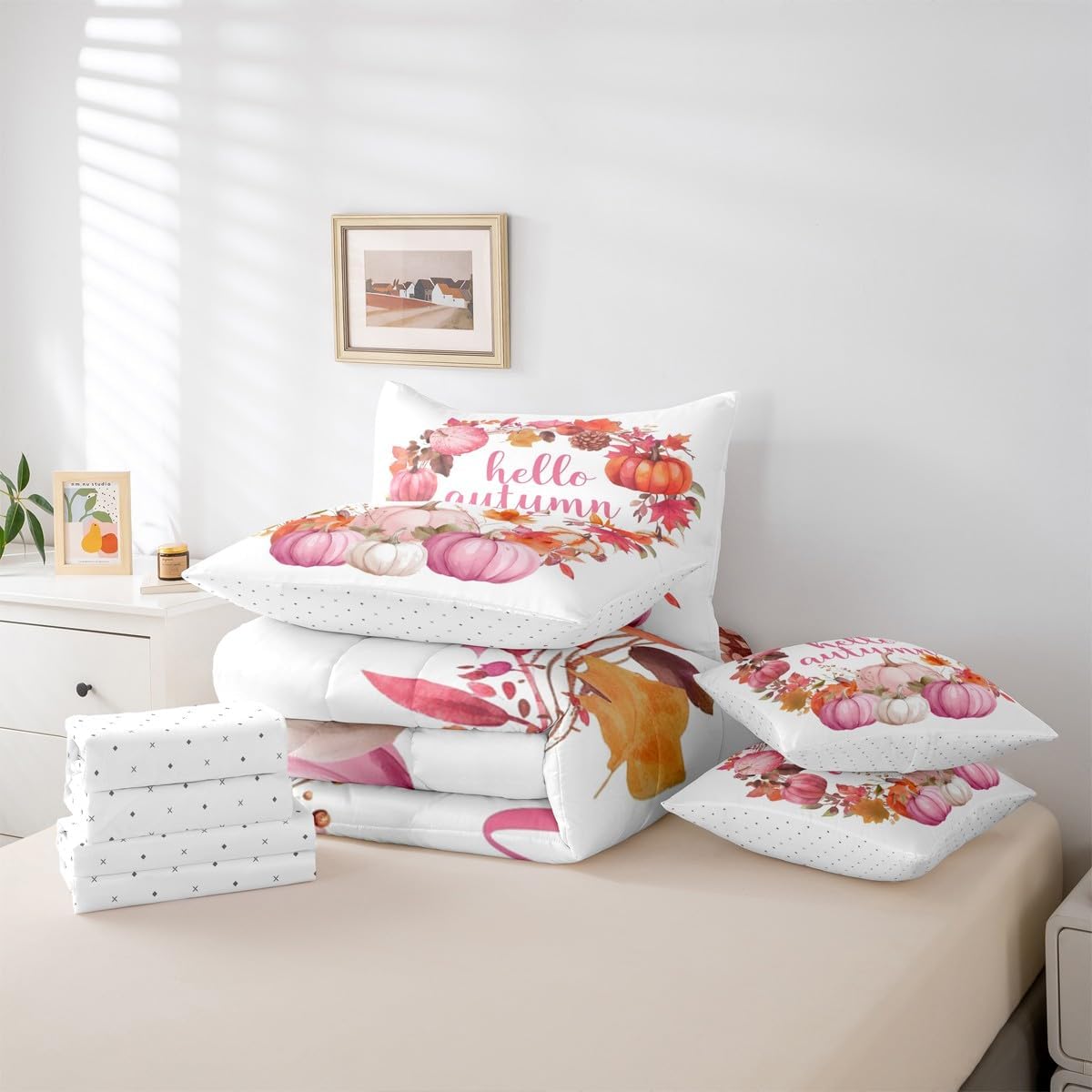Feelyou Kids Pink Fall Comforter Set Queen Size 7 Pieces Comforters Fall Pumpkin Maple Leaves Bedding Set Autumn Harvest Bed Set Bed in a Bag with Comforter, Sheets, Pillowcases & Cushion Covers
