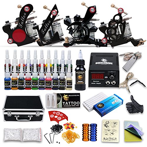 DragonHawk Complete Tattoo Kit 4 Tattoo Machines Guns Kit Tattoo power Supply Needles Tattoo 21 Inks Y-018-1