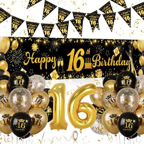 Geburtstag Luftballons Schwarz Gold, Dreiecksflagge,Banner
