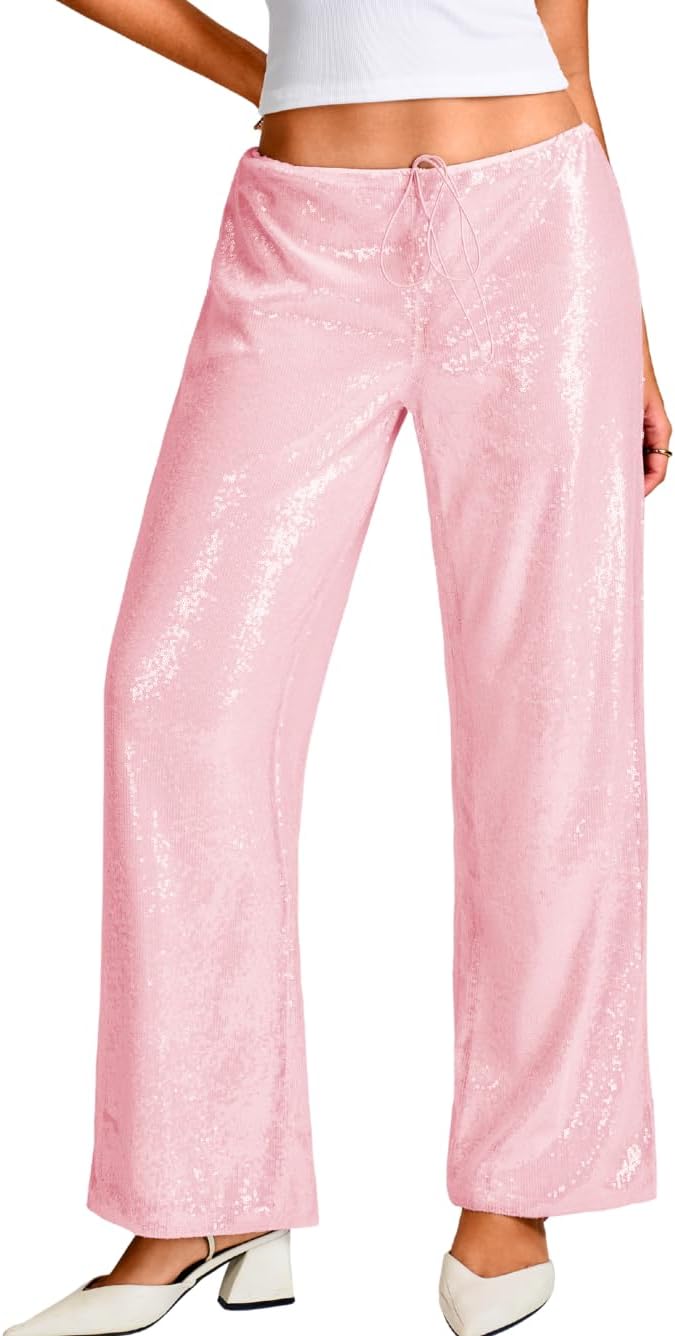 ShawGobow Sequin Pants,Low Rise Wide Leg Sparkly Bottoms for Women,Glitter Disco Concert Rave Outfit