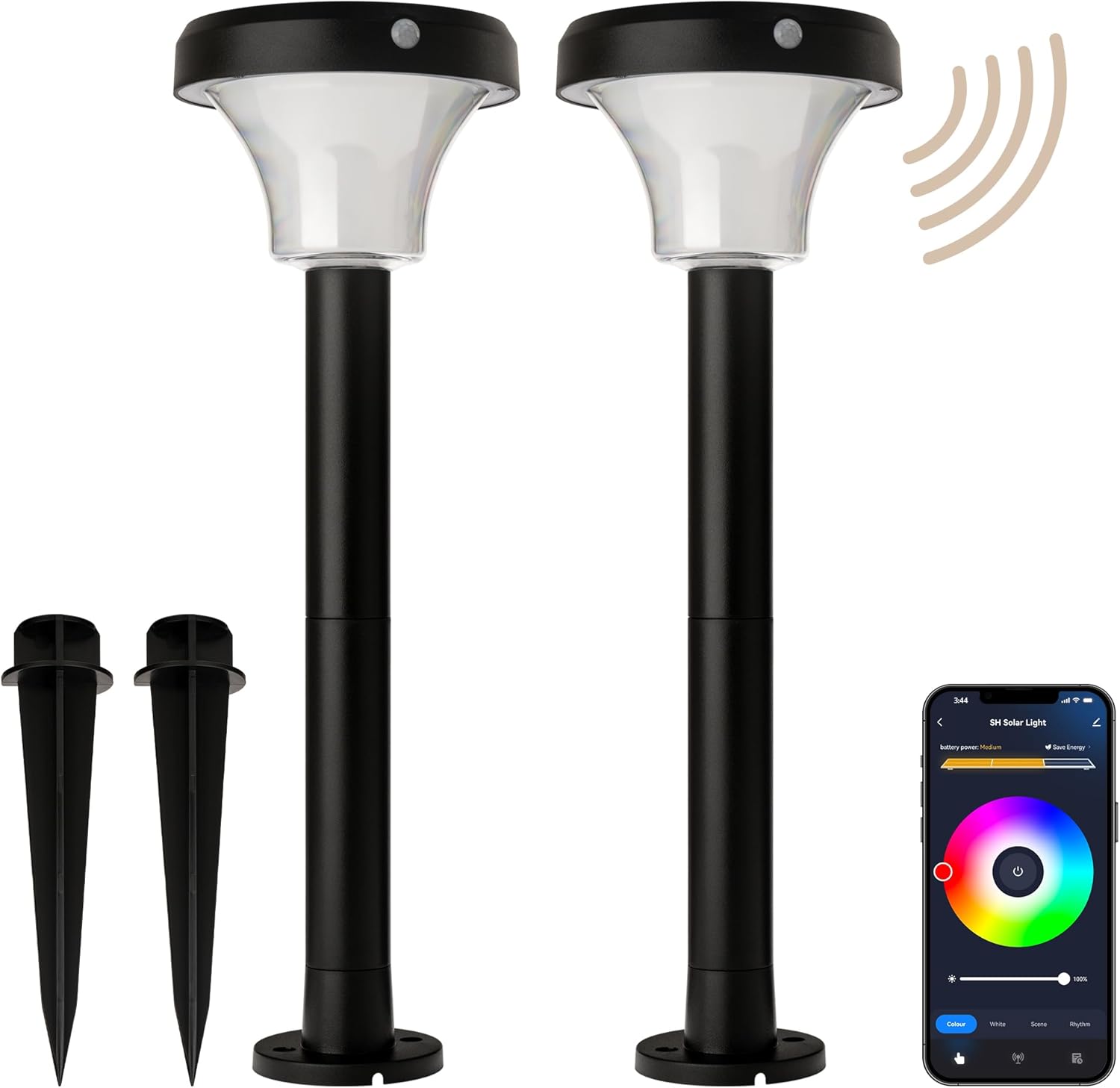 IntelliPath Solar Smart LED Landscape Path or Fence Post with Linkable IR Motion Sensor and Daylight Sensor 160 Lumens 8 Hours on Full Charge RGB Color Changing and Tunable White in Black (Pack of 2)