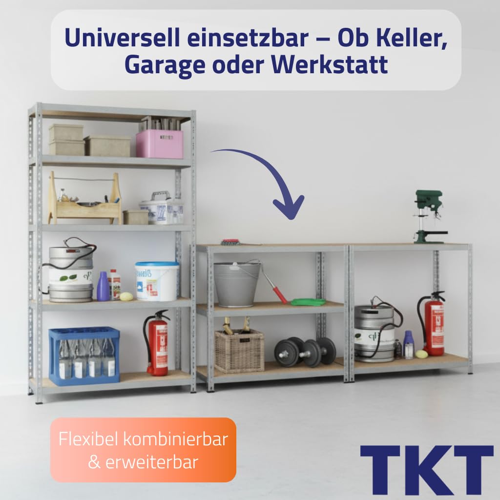 TKT – Work System Steckregal mit Holzböden 180x120x40cm - Verzinktes Regal mit 150kg Tragkraft pro Boden. Schwerlastregal mit 5 Böden für Werkstatt, Wohn- & Kellerraum