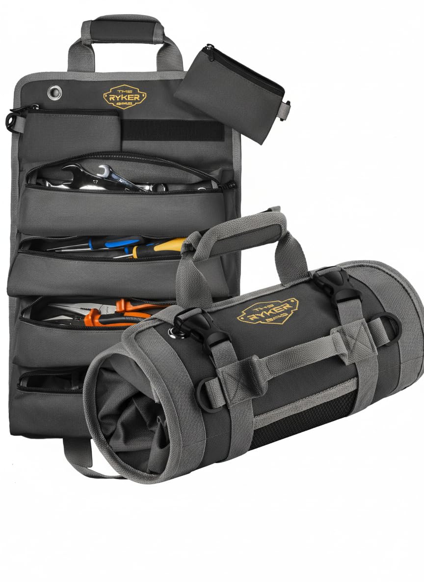 The Ryker Roll Up Tool Bag Organizer Gifts for Dad. Heavy Duty Motorcycle Tool Roll Bag Organizer. Portable Rollup Toolbag w/Detachable Pouches - Tools Bags Mens gifts for him/Mechanic (Black)