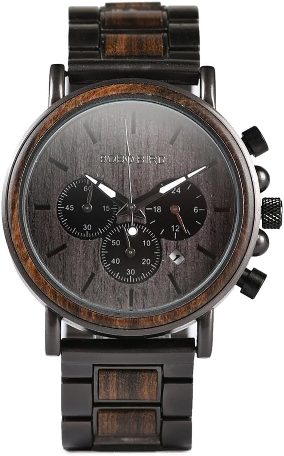 Mens Wooden Watches Luxury Stainless Steel Wood Watch for Men Chronograph Quartz Watches