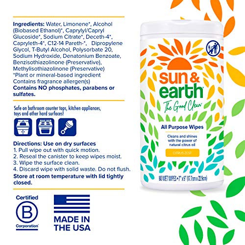 All Purpose Cleaner Wipes Bulk By Sun & Earth, 480 Total Wipes, Pack Of 6, All Natural Citrus Scent, Plant Based Ingredients, Safe On All Household Hard Surfaces, No Phosphates, Parabens Or Sulfates #TOP5