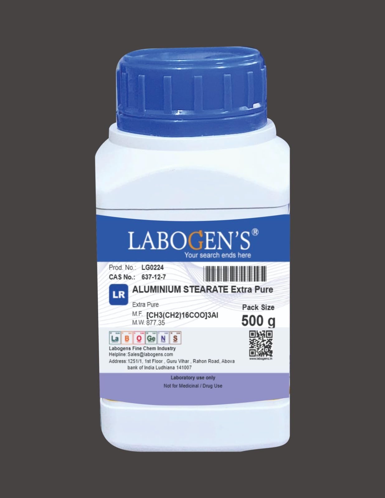 LABOGENS ALUMINIUM STEARATE 500GM, Assay : Min. 6.5-8.9% (as Al2O3) [CH3(CH2)16COO]3Al M.W. 877.35 (CAS NO.637-12-7)