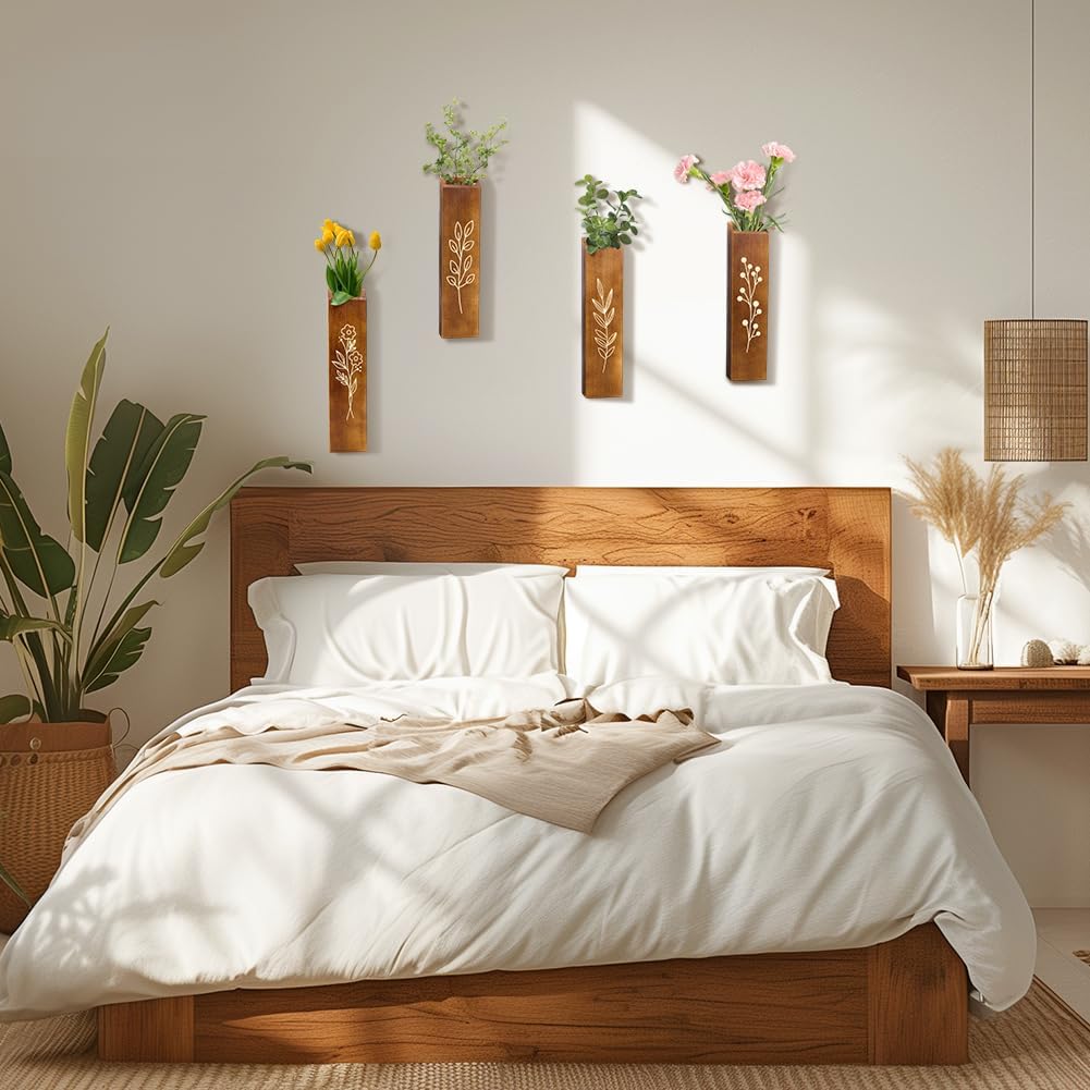 peacoblue Wood Wall Planter, 4 Pack Indoor Pocket Wall Vases Decor for Boho Farmhouse Living Room Bedroom Dried Flowers Faux Greenery Plants Brown