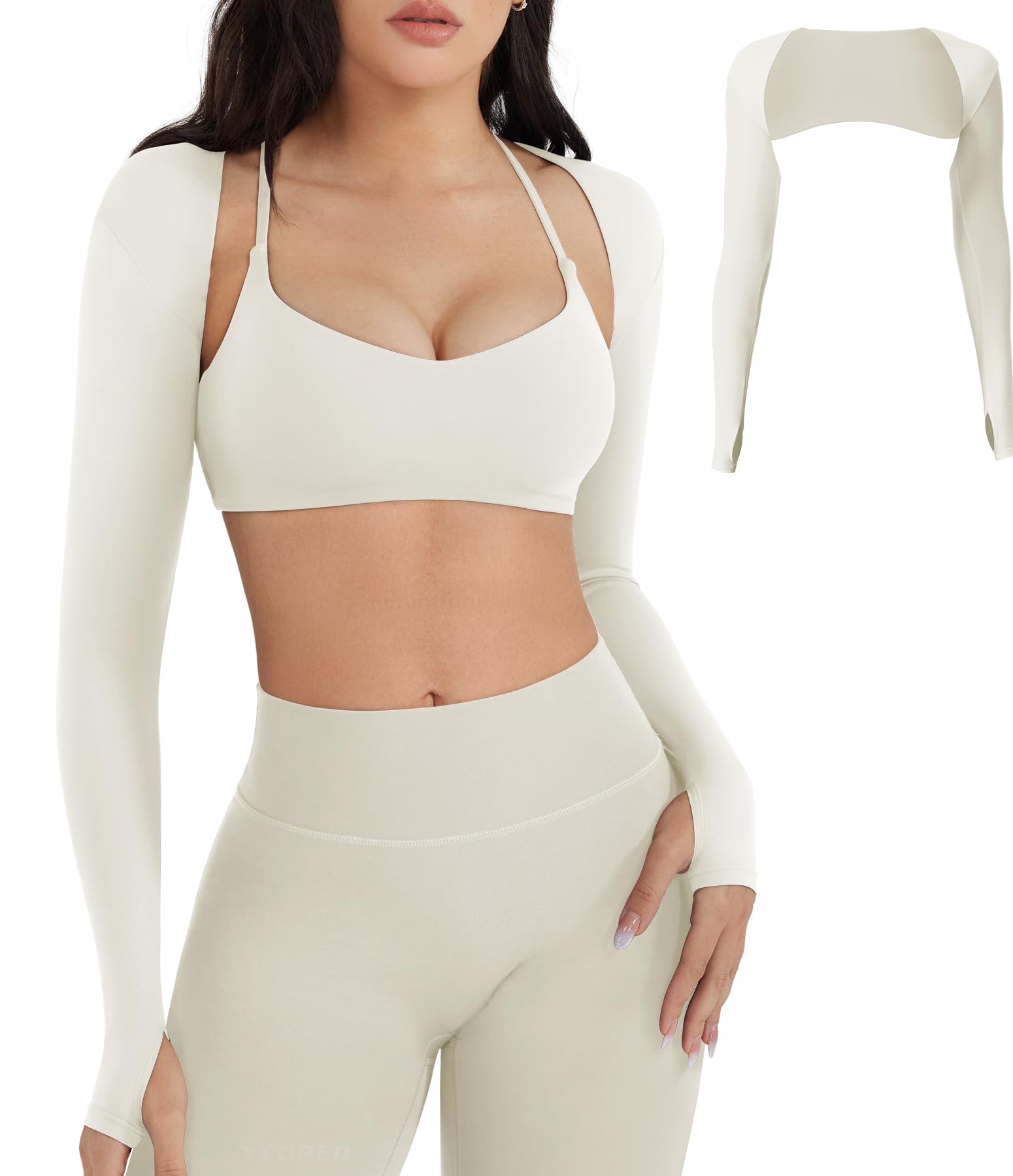 YEOREO Women Crop Top Long Sleeve Bolero Open Front Workout Cropped Shirts Sports Shrug: Cream Small