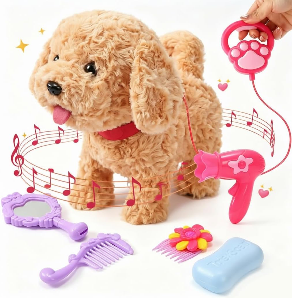 Cessfle Talking Walking Dog Toy with Remote Control Leash, Plush Interactive Toy Figures, Realistic Robot Dog Plush, Walks,Barks,Shake Tail,Music, Easter Basket Stuffers for Boy Girl 3 4 5 6 Year Old