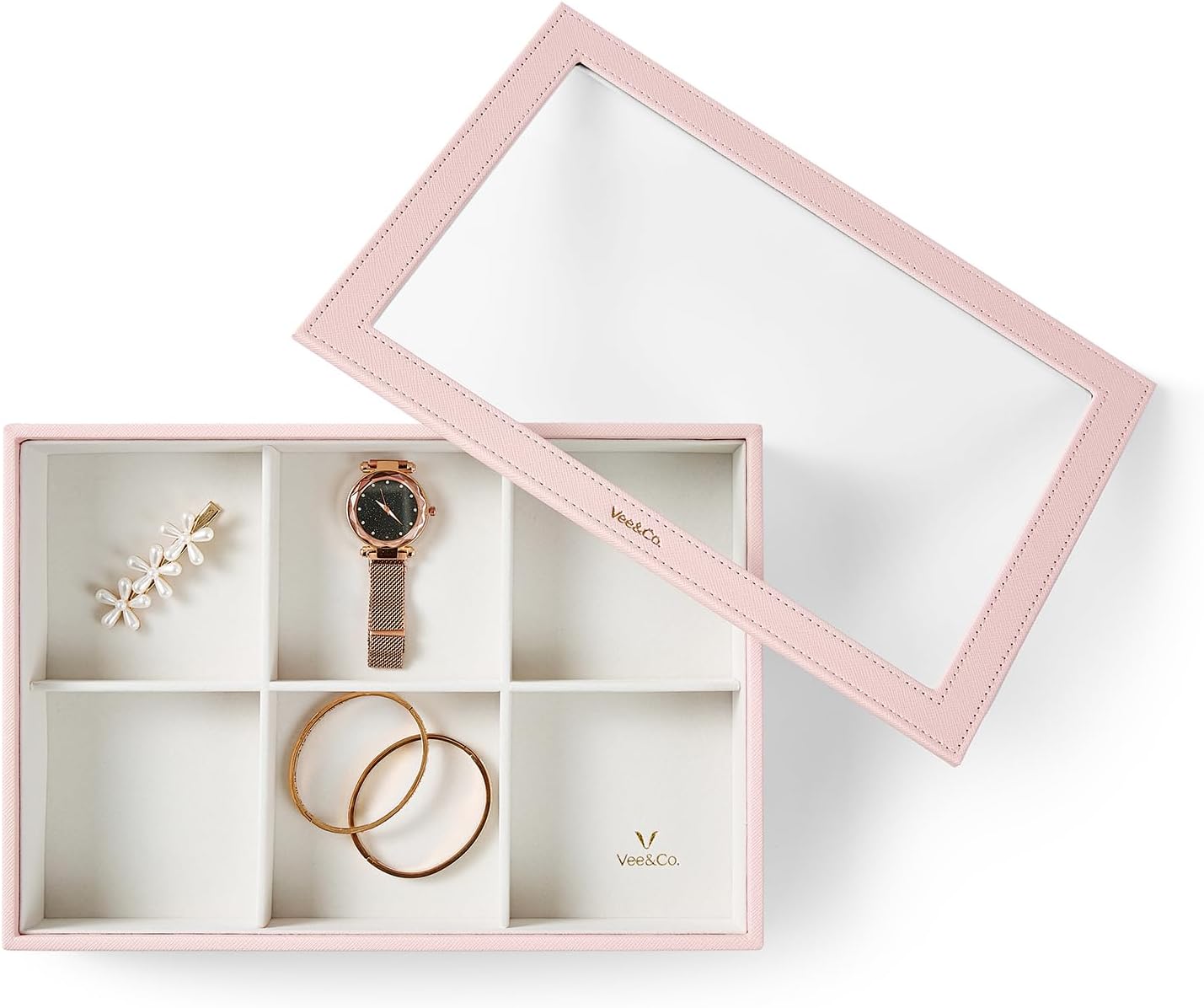 VEE&CO. jewelry tray drawer organizer, earring organizer necklace organizer,for Bangle Pendants Brooch Watch, Gift for Women Girls? 6 Grid with Glass Lid Pink Pink 6 Gird with lid