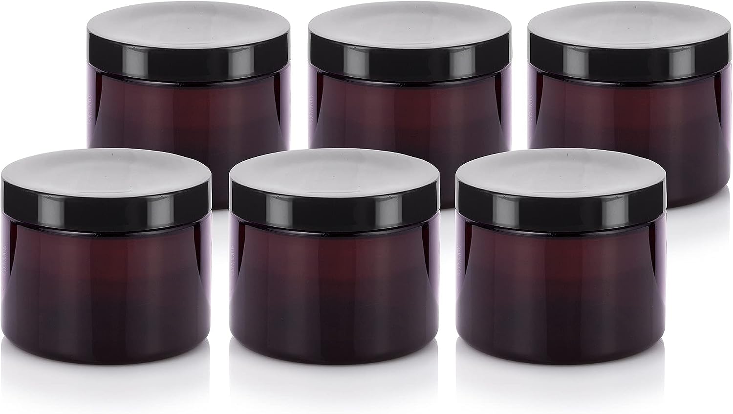 (6 pack) 6 oz Amber PET Plastic Low Profile Jar with Black Lids