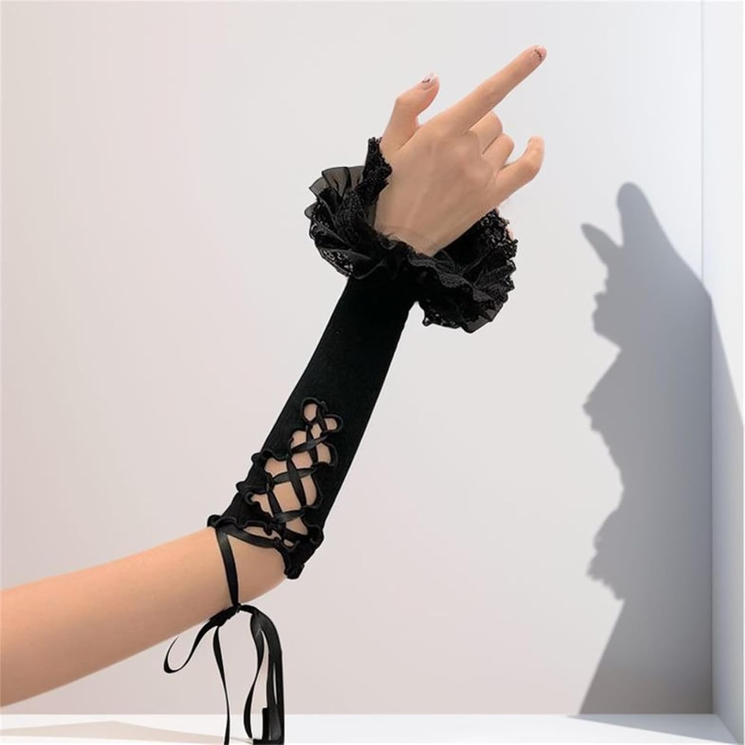 Women Harajuku Forearm Sleeves Arm Warmers - Goth Lace up Ruffle Fingerless Y2K Summer Wedding Arm Sleeve