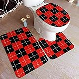  BOBO-Shop Tapis de Salle de Bain Tapis Set 3 pièces Pads Tapis de Bain + Contour + Couvercle de Couvercle de Toilette Pad de Salle de Bain, Damier Rouge en pointillé