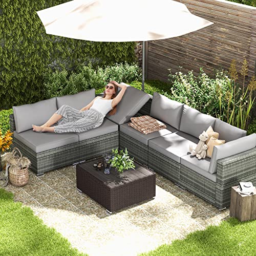 Rynsto 7 Piece Patio Furniture Set With Adjustable Bracket Grey Rattan Patio Conversation Sets Sectional Sofa Set With Table And Cushions For Porch Lawn Garden, Grey #TOP6