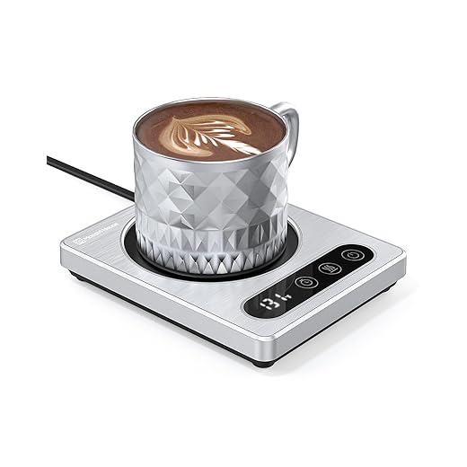 Maestri House Coffee Mug Warmer with 4 Temp Settings & 1-12 Hour Timer, Auto Shut Off for Desk, Smart Electric Beverage Warmer, Candle Melter for Home and Office, ETL Listed (Silver)