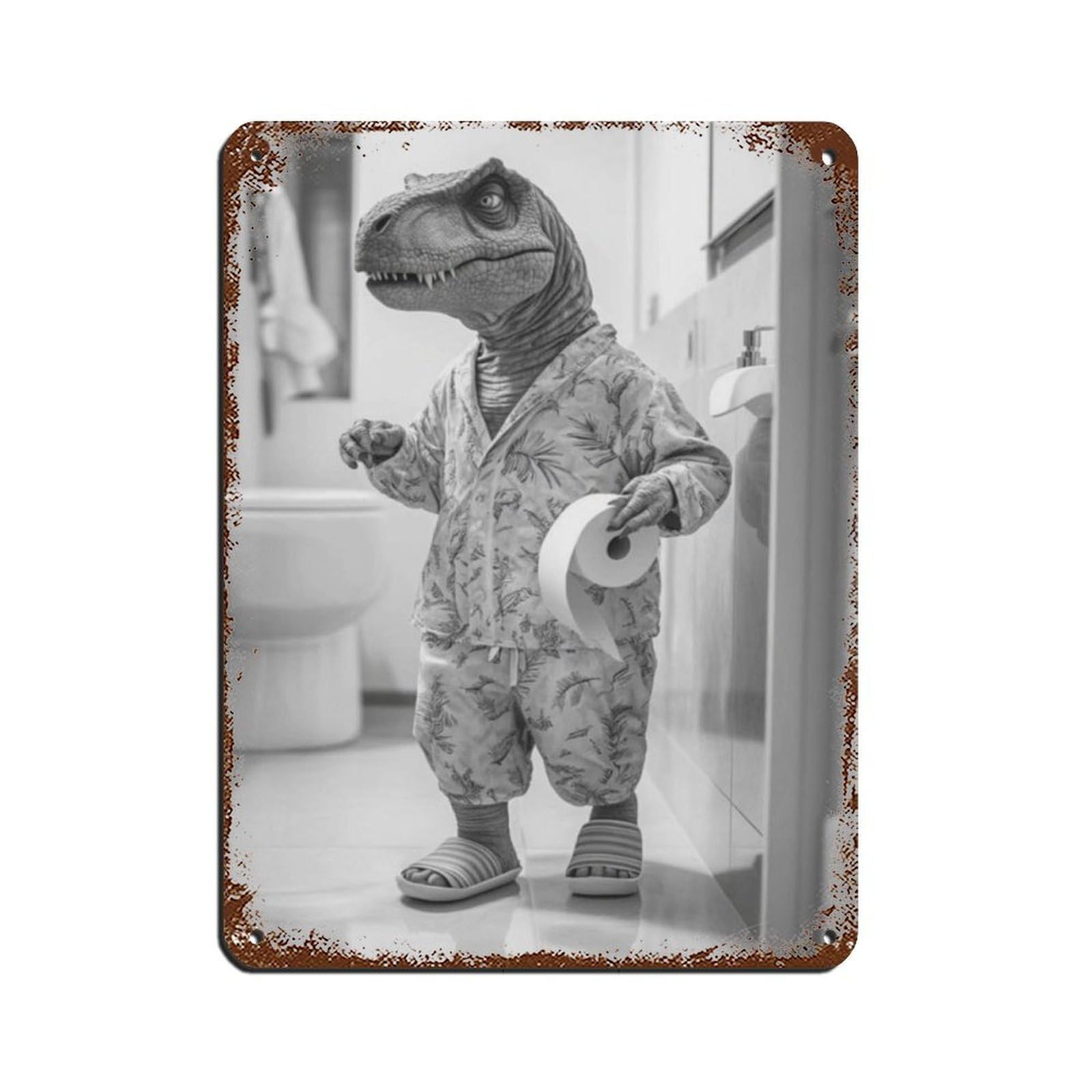 Dino In Pajamas with Toilet Paper Retro Poster Metal Tin Sign Chic Art Retro Iron Painting Bar People Cave Cafe Family Garage Poster Wall Decoration 12x16inch(30x40cm)