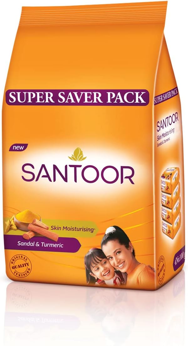 Santoor Skin Moisturizing Sandal & Turmeric Bathing Soap with Nourishing & Anti-Aging Properties| For Soft & Smooth and Younger-Looking Skin| For All Skin Types| Pack of 4, 100g