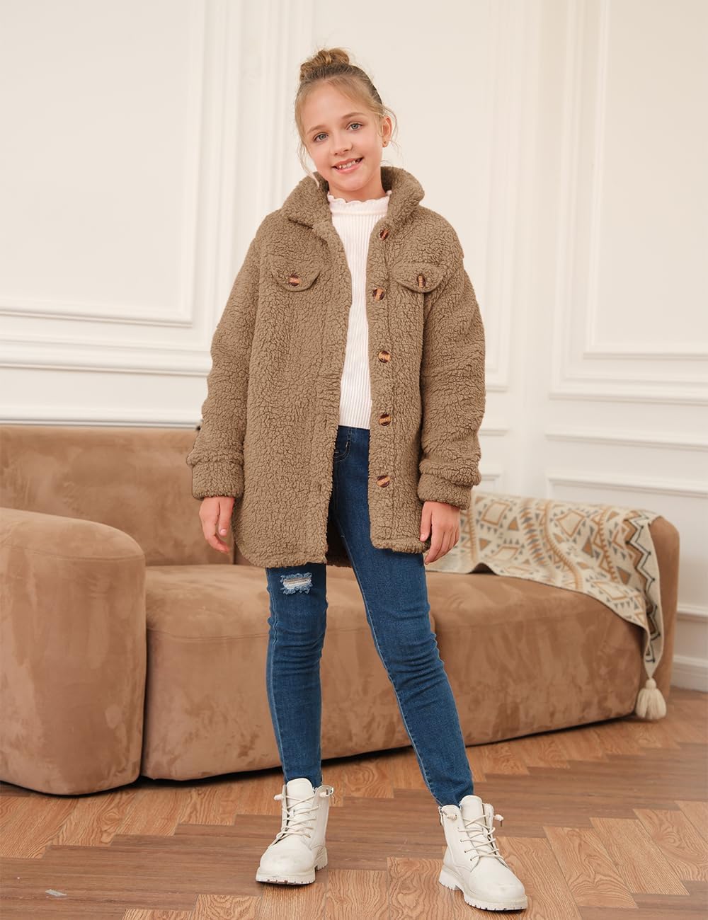 Haloumoning Girls Fuzzy Fleece Jacket Casual Button Down Sherpa Overcoat Faux Fur Jackets Outwear 4-15 Years - Image 5