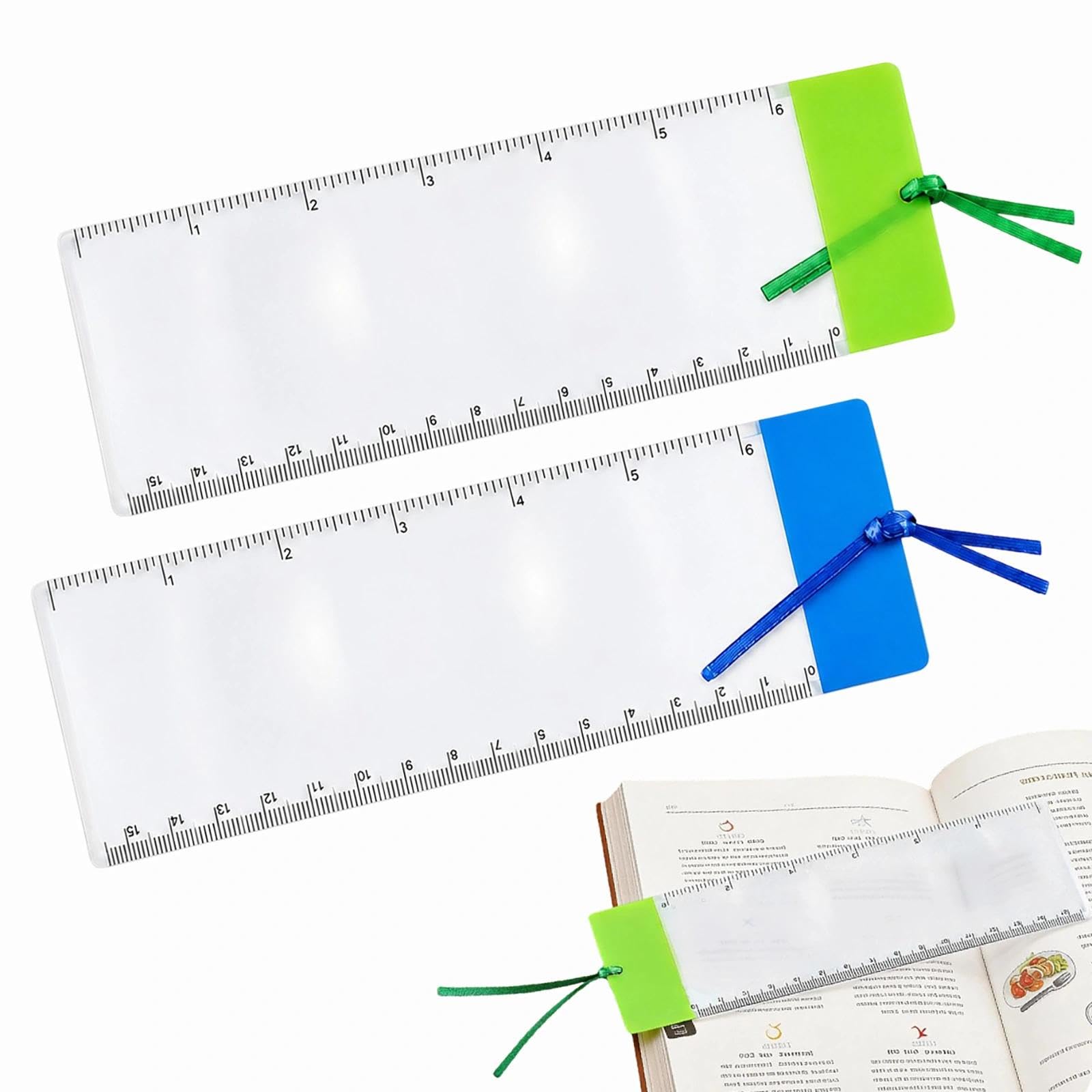 Bookmark Magnifier with Ruler, 2 Pack 3X Magnifying Sheet Page Magnifier Lens for Low Vision People Reading Book Magazine Newspaper, 2 Color