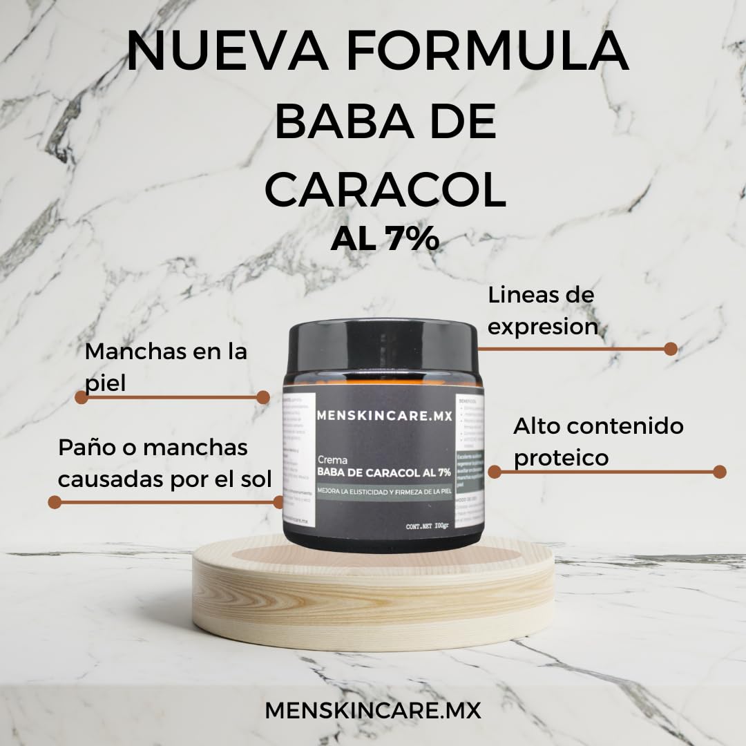 100g Snail Slime Cream for Men; regenerates damaged skin, fades blemishes, improves skin elasticity and firmness by stimulating cell renewal with 7% protein extract.
