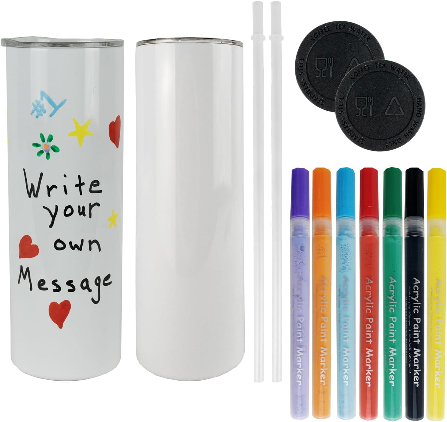 Way 2 Create Your Own Personalized Gifts, (2) White 20 oz Insulated Tumbler Mugs with Lids, (1) Set of 7 Acrylic Paint Pens