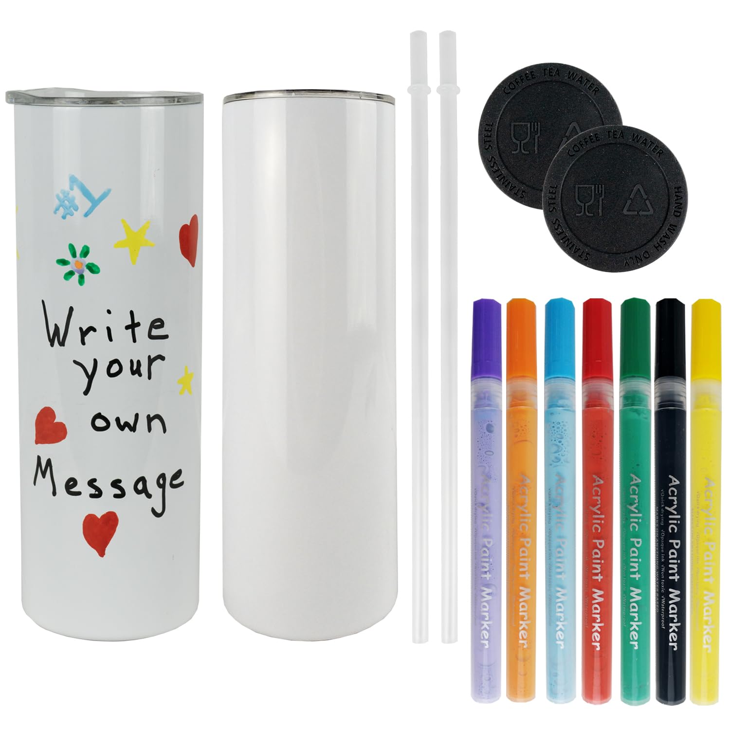 Create Your Own Personalized Gifts, (2) White 20 oz Insulated Tumbler Mugs with Lids, (1) Set of 7 Acrylic Paint Pens