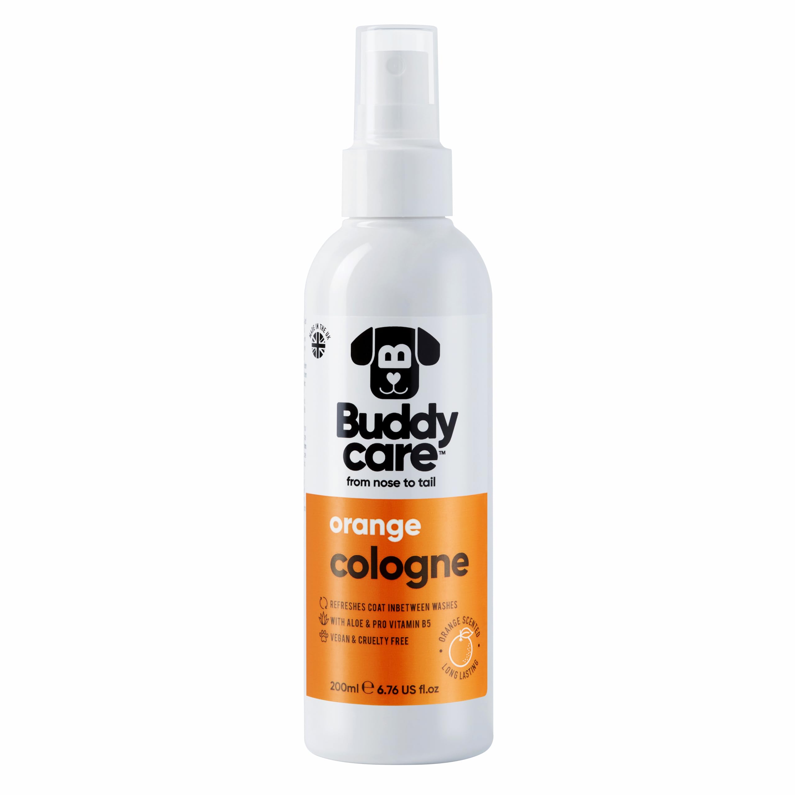 Buddycare Pomarańczowe perfumy dla psów, owocowy, odważny zapach, chłodzi między praniem psów, aloes i prowitaminą B5 (200 ml, 1 sztuka)