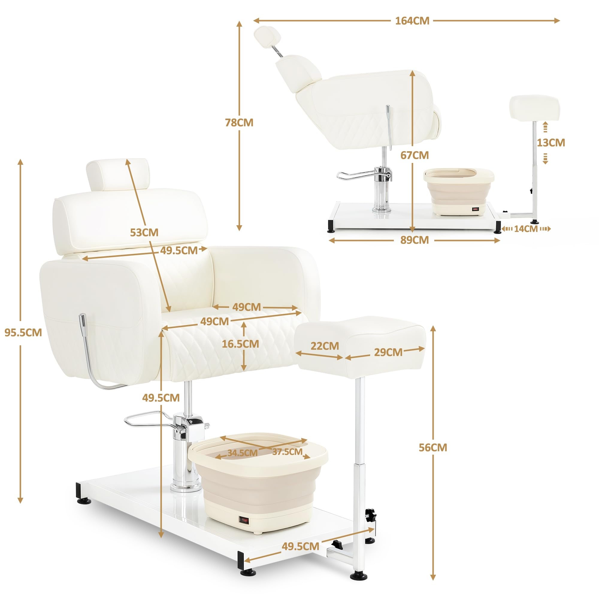 Barberpub Pediküre Stuhl mit Fußbadewanne & Pediküre Hocker, Friseurstuhl Höhenverstellbar & Kippbar, Rückenlehne & Kopfstütze Ausziehbar, Fußpflegestuhl für Nagelstudio F0380 (Weiß)