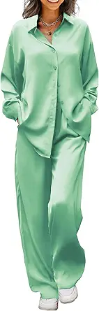 Ekouaer Womens Satin Silky Pajama Set 2 Piece Print PJs Soft Loungewear Button Down Sleepwear with Elastic Waist Long Pants