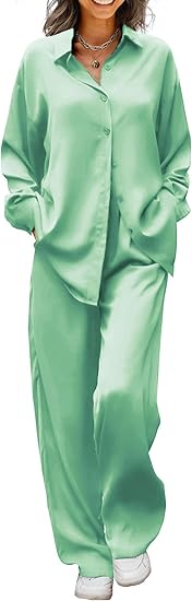 Ekouaer Womens Satin Silky Pajama Set 2 Piece Print PJs Soft Loungewear Button Down Sleepwear with Elastic Waist Long Pants