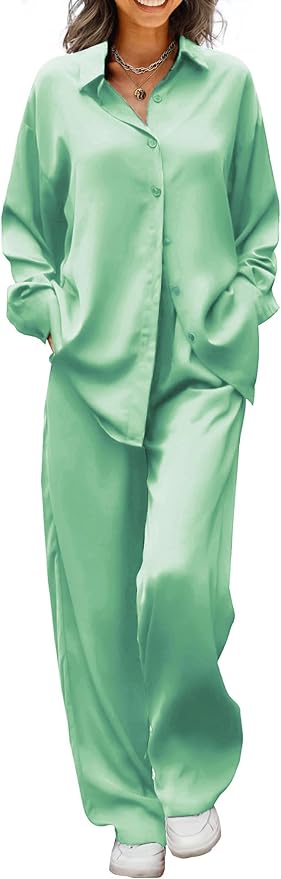 Ekouaer Womens Satin Silky Pajama Set 2 Piece Print PJs Soft Loungewear Button Down Sleepwear with Elastic Waist Long Pants