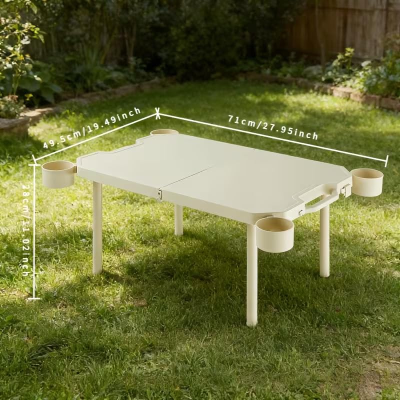 Image of Portable Folding Camping Table with 4 Cup Holders, Lightweight Heat-Resistant PP Picnic Table for BBQ, Beach & Patio, Weather-Resistant Outdoor Cooking Desk with Carry Handle, White, Small /Compact