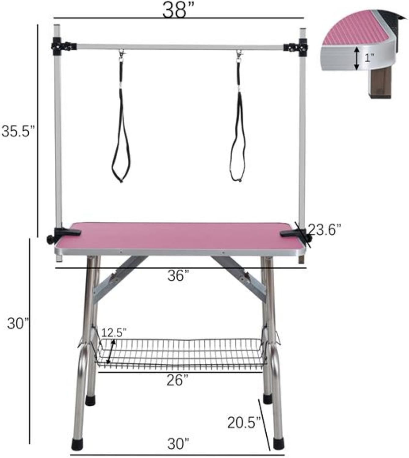 36" Folding Dog Grooming Table, Pet Supplies, Stainless Steel Frame, Rubber Pads, Adjustable Arms and Clips, Pink