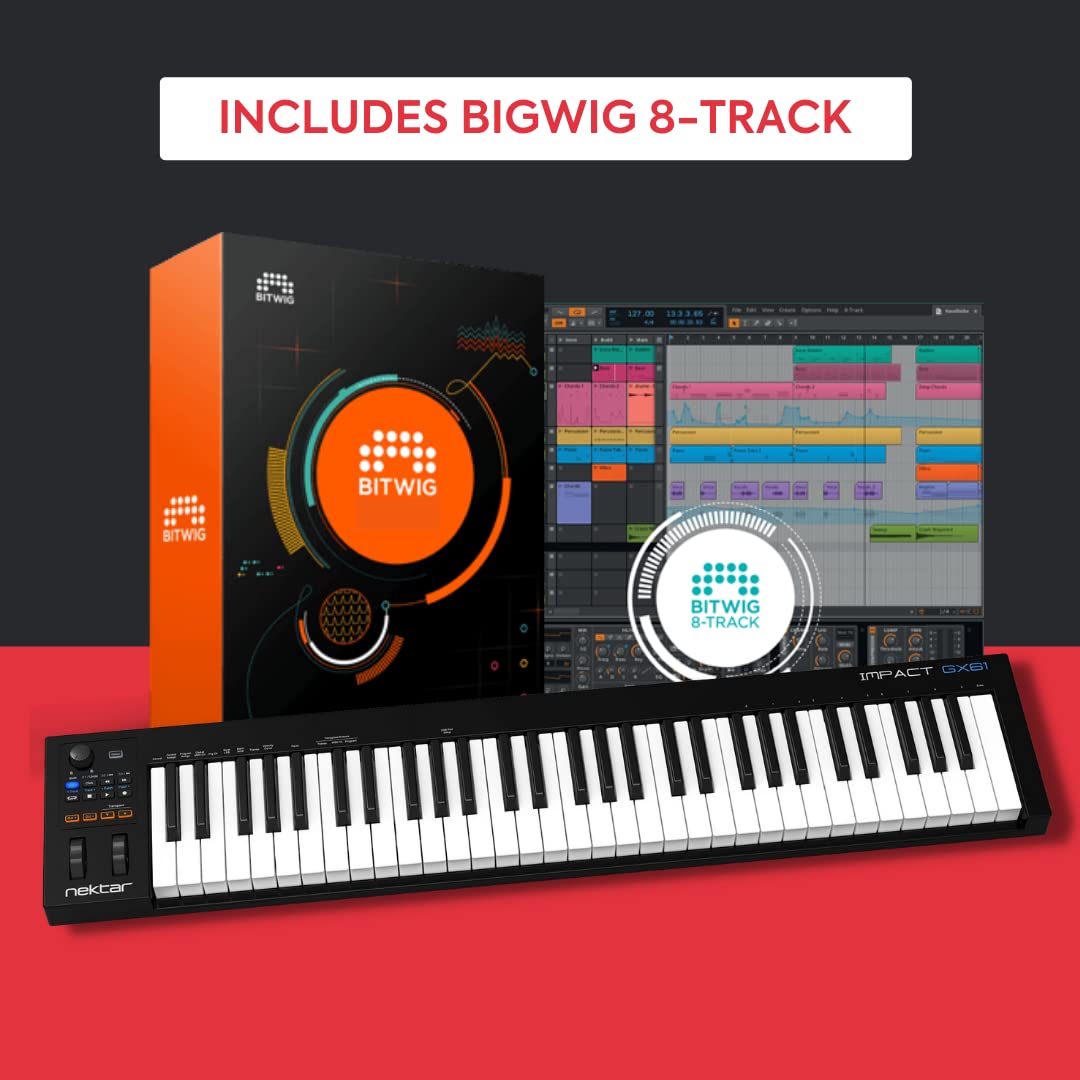 Nektar IMPACT GX61 with laptop showing DAW integration and logos of compatible DAWs