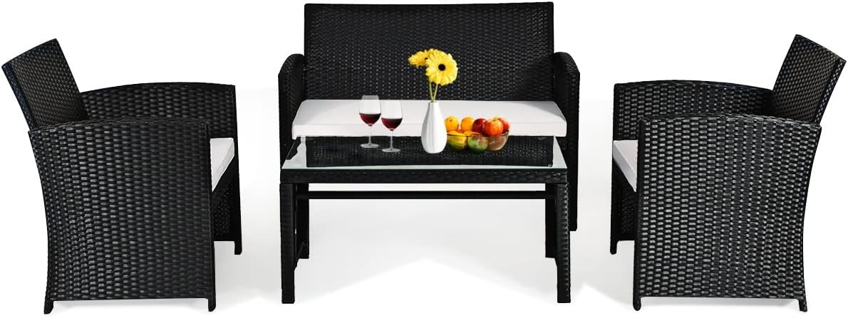 4PCS Patio Rattan Furniture Conversation Set Cushioned Sofa Table Garden Single Sofa