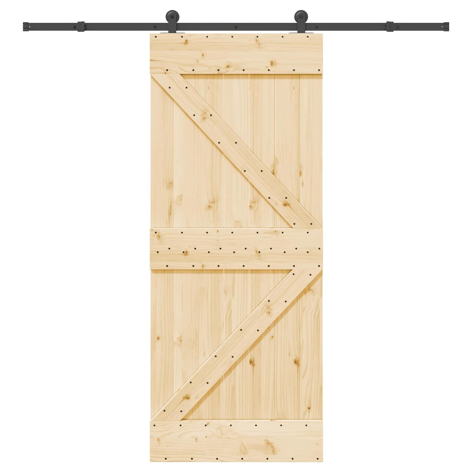 Puerta corredera Narvik natural y negra 213,5 cm | Madera de pino maciza, riel de acero, mecanismo superior, diseño de ahorro de espacio, para interiores