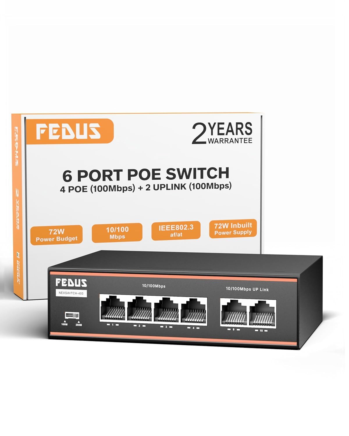 FEDUS NextSwitch-400, 6 Port PoE Switch, 4 PoE Ports (10/100Mbps) + 2 Uplink, 72W Built-in Power Supply, 250m Extend Mode & VLAN Isolation, Unmanaged Ethernet Network Hub for IP CCTV Camera & NVR-image-26