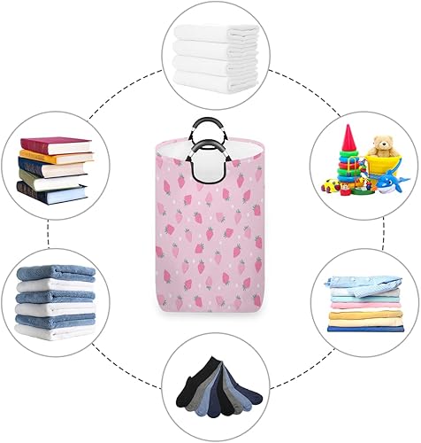 Miniatura 3 de Cesta para la ropa sucia, plegable, impermeable, con asas, plegable, con diseño de fresas, color rosa, cesta de lavado para dormitorio