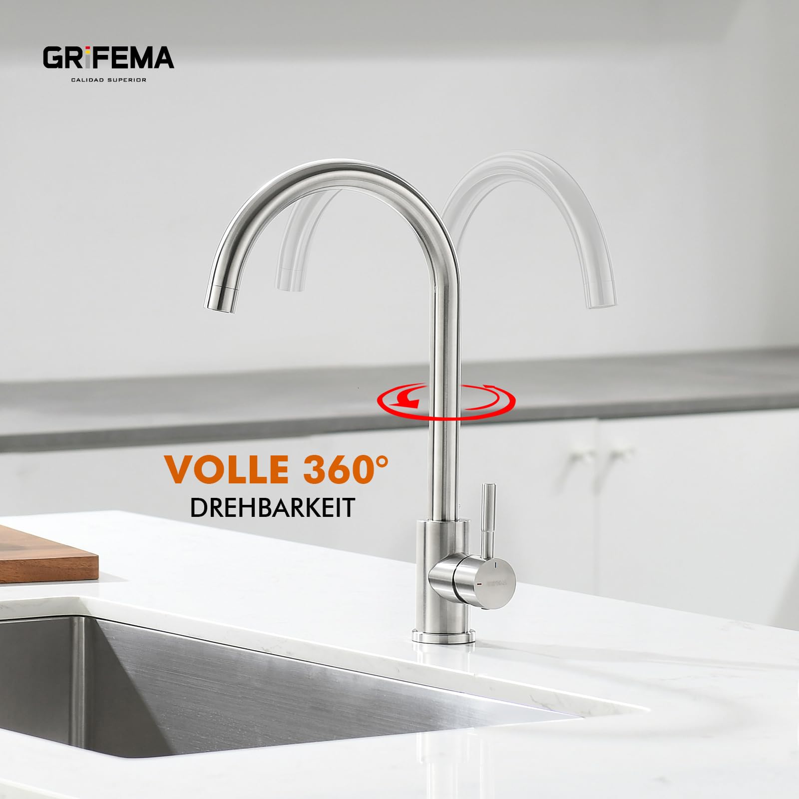 GRIFEMA G4008 Kitchen Sink Taps Mixer with Single Lever High Arc 360°Swivel, Stainless Steel Kitchen Mixer Taps 1 hole with Chrome Finish, Classic Design[Energy Class A+]
