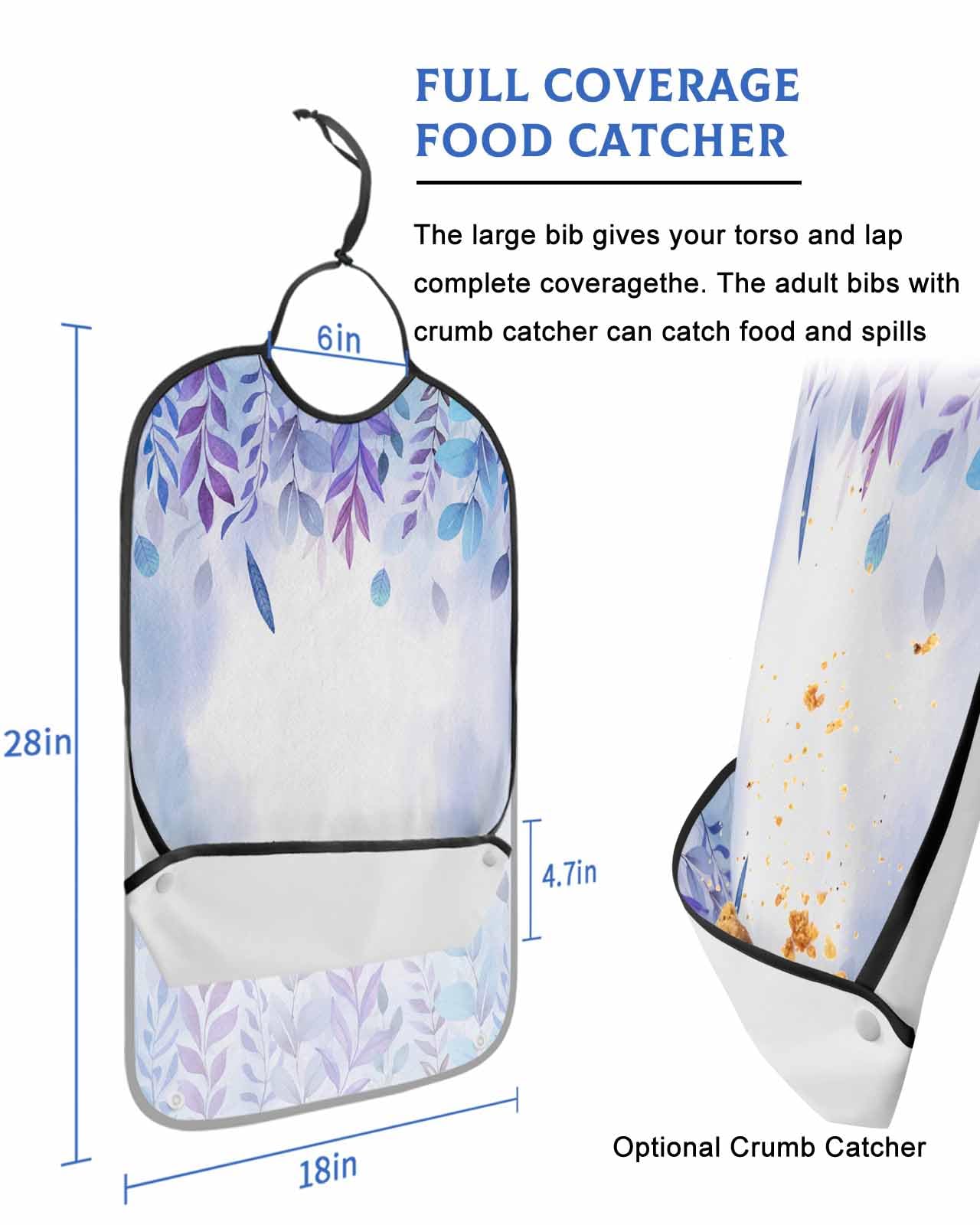 LEOKOTI Blue Purple Botanical Adult Bibs for Eating, Waterproof Bibs with Food Catcher & Adjustable Snap Closure, Watercolor Pastoral Weeping Leaf Washable Clothing Protectors Adult Bibs for Elderly