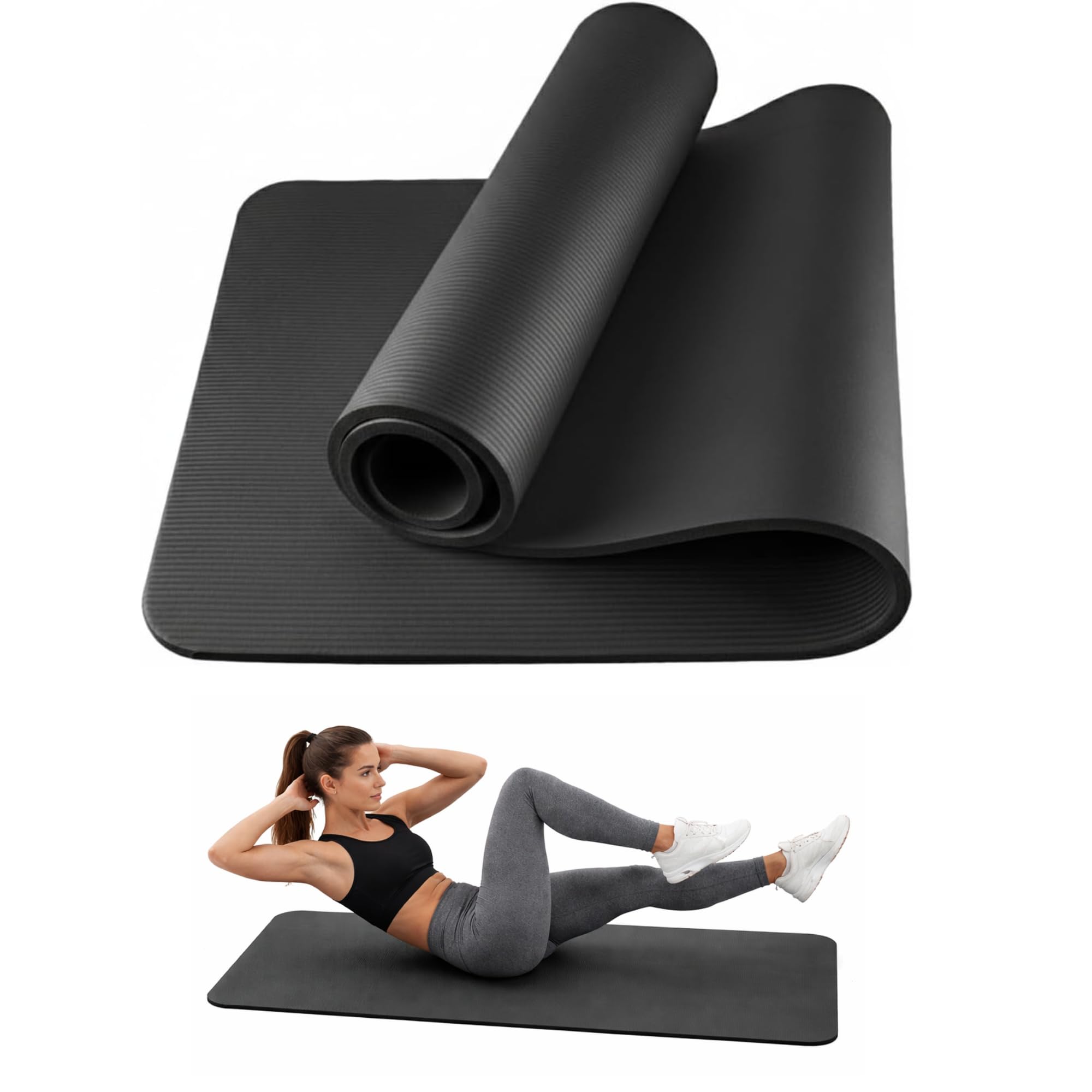 Yoga Mat 10 mm Thick 183 × 61 cm – Non‑Slip PVC Exercise, Gym & Pilates Mat, Extra Cushioned Black for Home Workouts, Stretching, Core, Fitness, and Strength Training