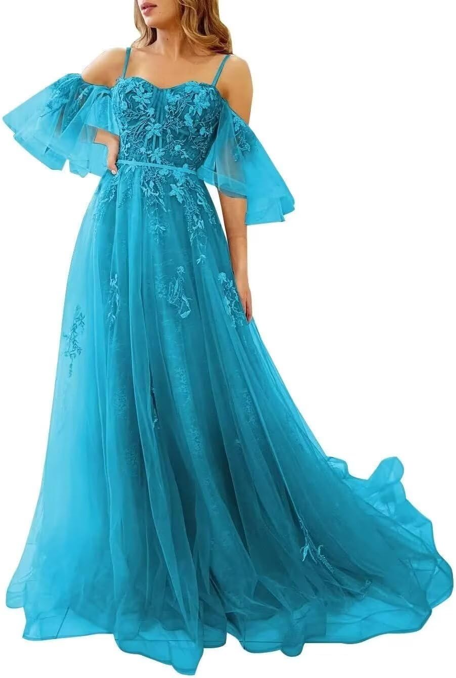 YUAOHUANG Lace Applique Tulle Prom Dresses Off Shoulder Puffy Sleeve Wedding Dress Long Women Sweetheart A Line Gowns