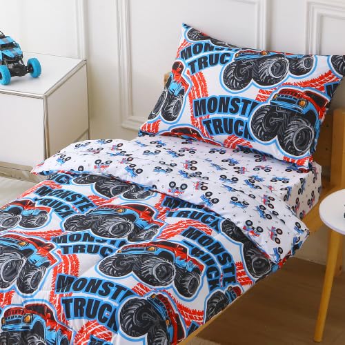Image of Viviland Toddler Comforter Sets, 4 Pieces Bedding Sets, Monster Truck | Microfiber Truck Bed Set, Boys, Breathable & Soft, Comforter, Bed Sheet, Fitted Sheet and Pillowcase, Machine Washable