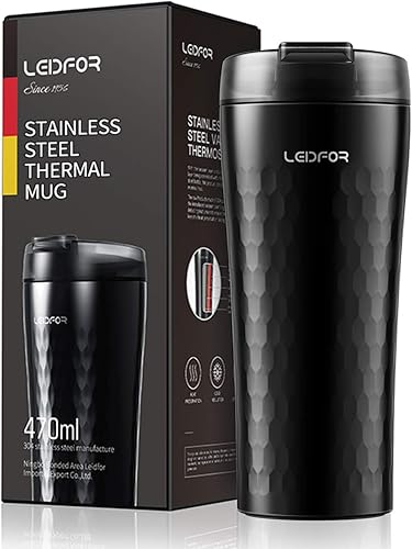 Leidfor Taza de café, vaso de viaje aislado al vacío con tapa a prueba de derrames, taza térmica de acero inoxidable, 16 onzas, león negro