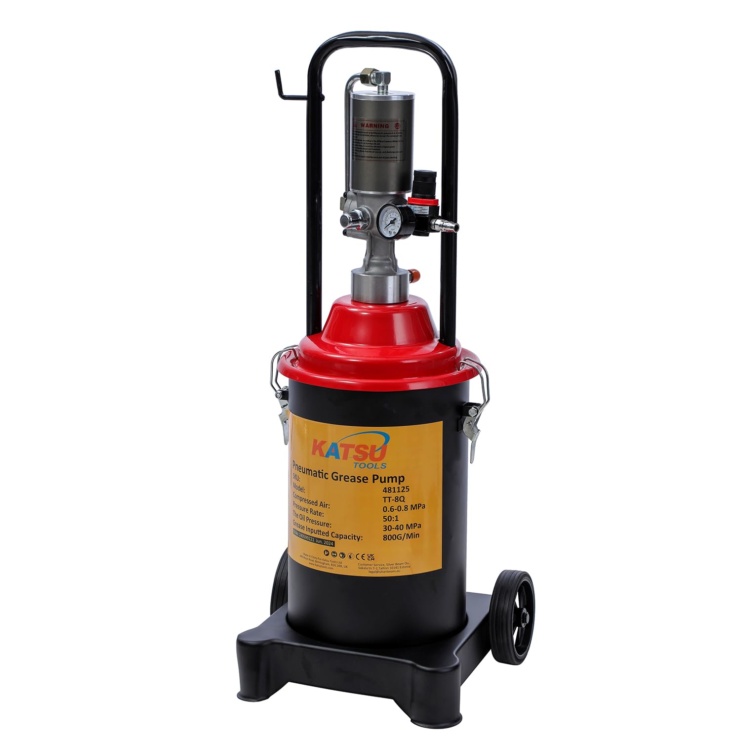 KATSU Tools Bomba de Grasa Neumática 12L Bomba de Engrase con Aire a Presión Dispensador de Pistola de Grasa de Aire Portátil con 12ft Manguera, 450 Bar, para Maquinaria de Automóviles y Camiones